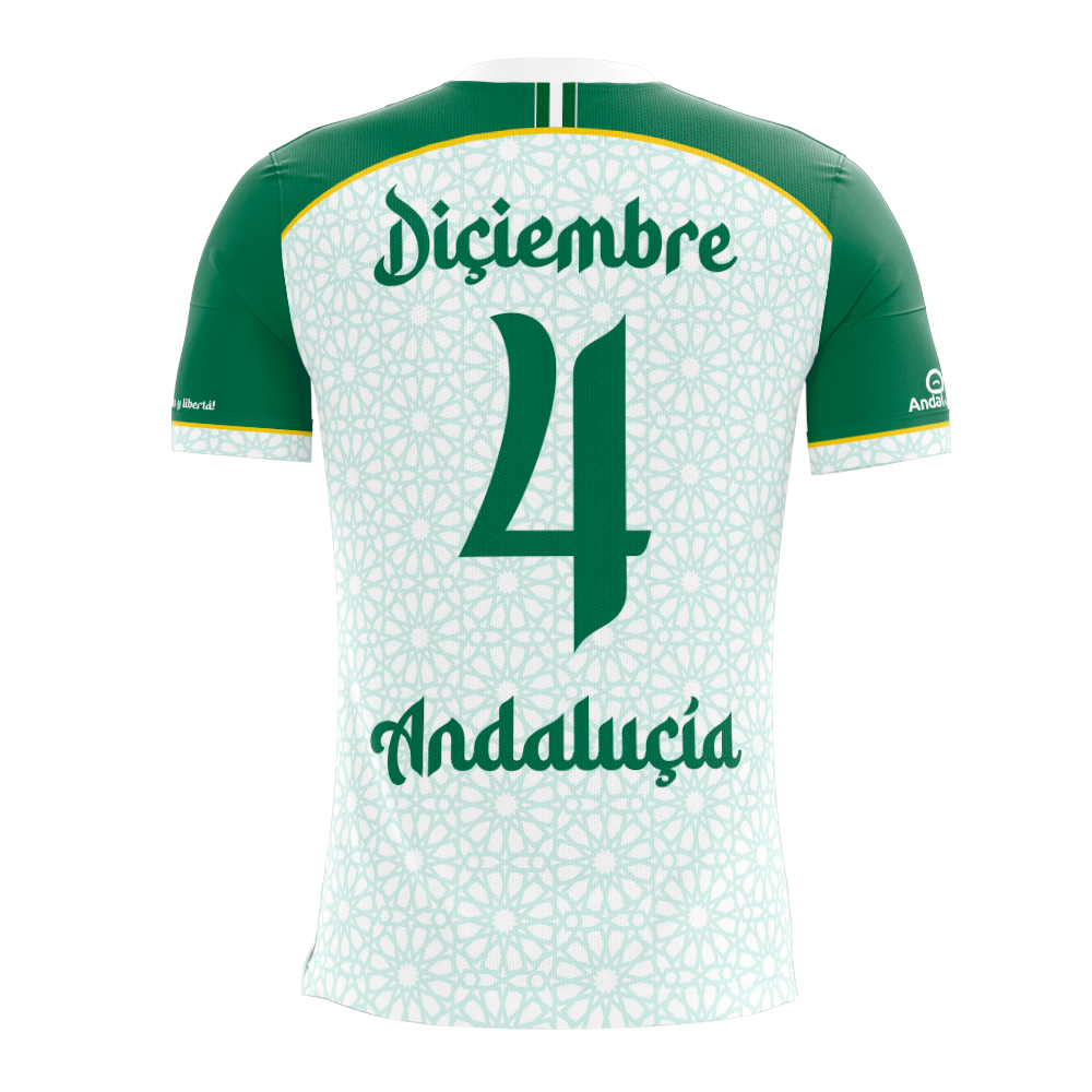 Se muestra una camiseta deportiva del equipo Andaluçía, con el número 4 y el nombre Diciembre.