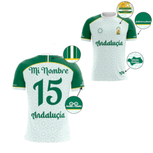 Vista frontal y trasera con zoom en detalles de camiseta de selección Andaluza personalizada con el número 15 y el nombre "Mi nombre"