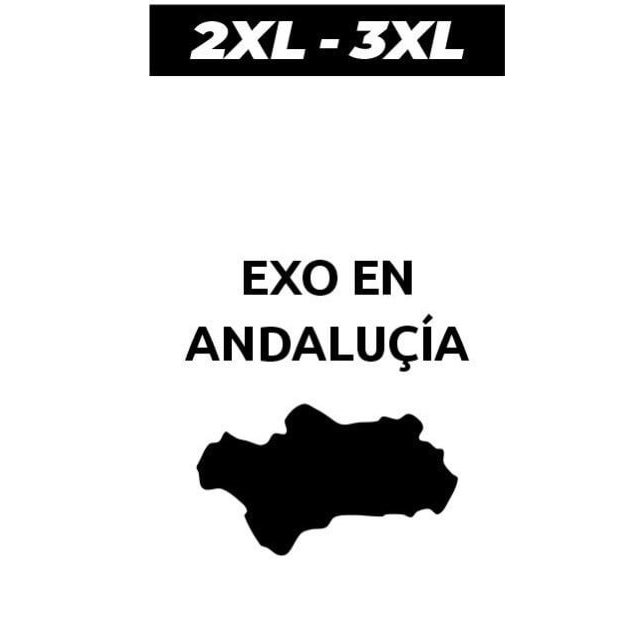 Muestra una etiqueta donde aparece la talla 2XL - 3XL , el texto EXO EN ANDALUÇÍA y un mapa de Andalucía